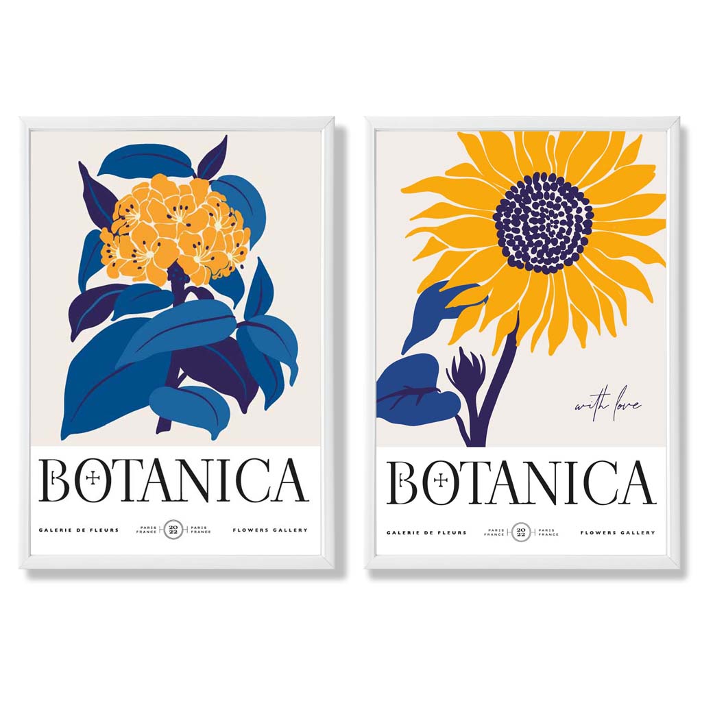 Set aus 2 gerahmten Kunstdrucken mit blau-gelben Sonnenblumen
