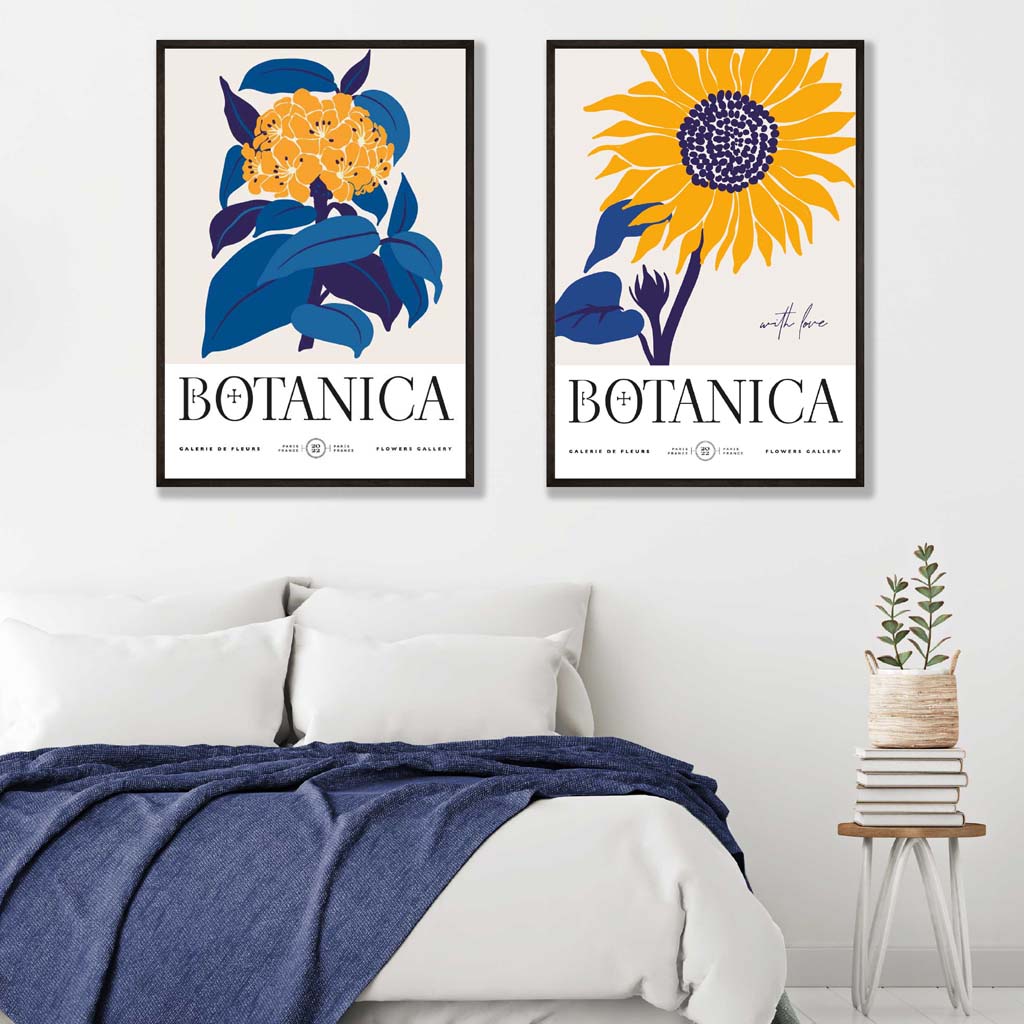 Set aus 2 gerahmten Kunstdrucken mit blau-gelben Sonnenblumen