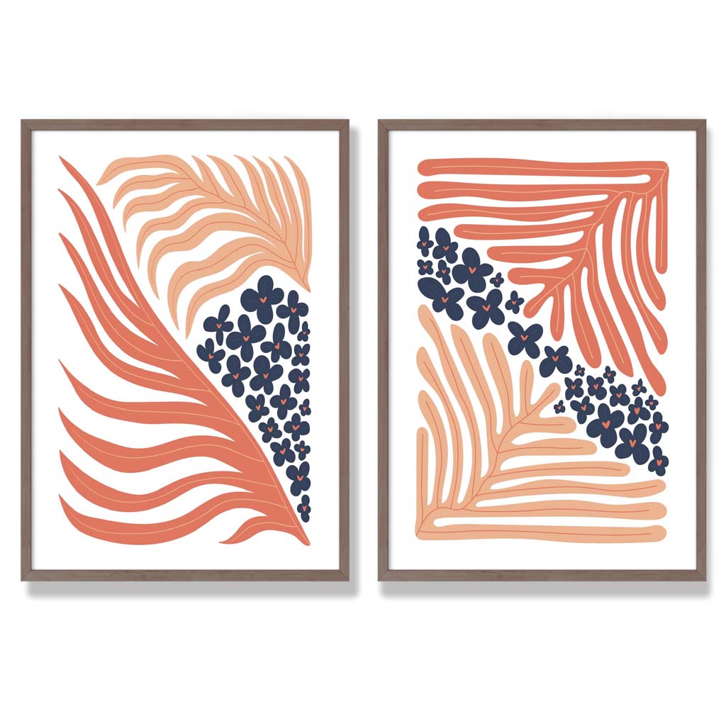 Set mit 2 Kunstdrucken im Boho-Blumenrahmen in Blush Pink und Navy
