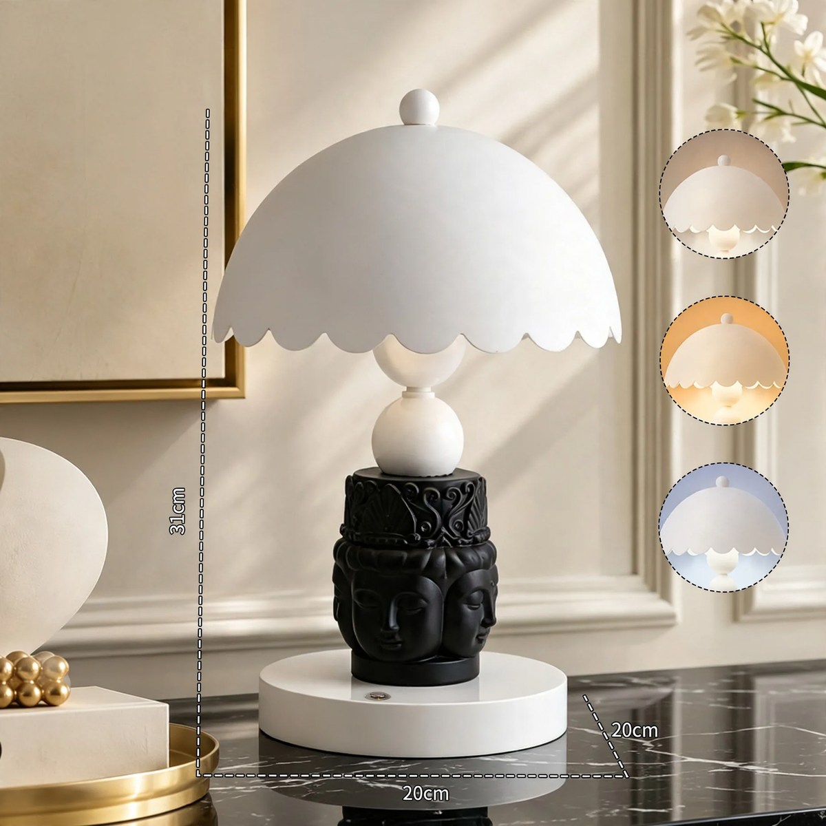 Facettierte Buddha-Tischlampe, Schwarz-Weiß