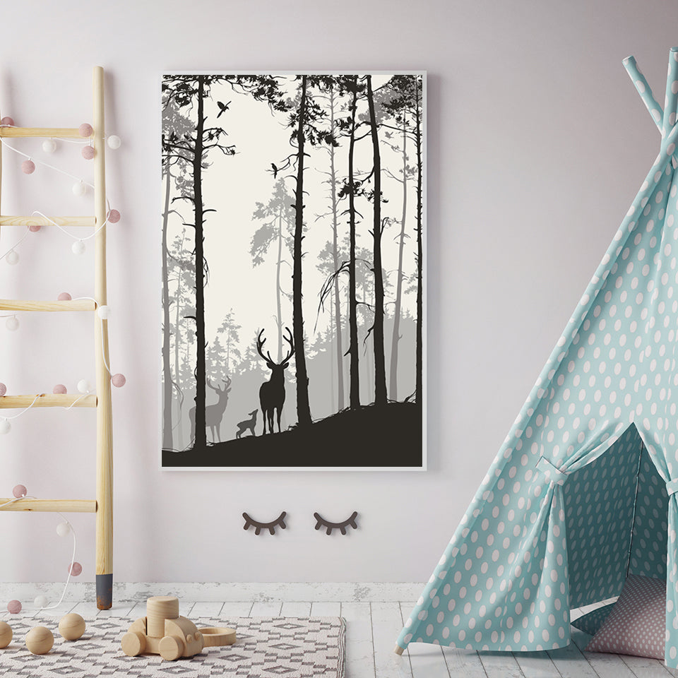 Silhouette einer Hirschfamilie – Leinwandbild