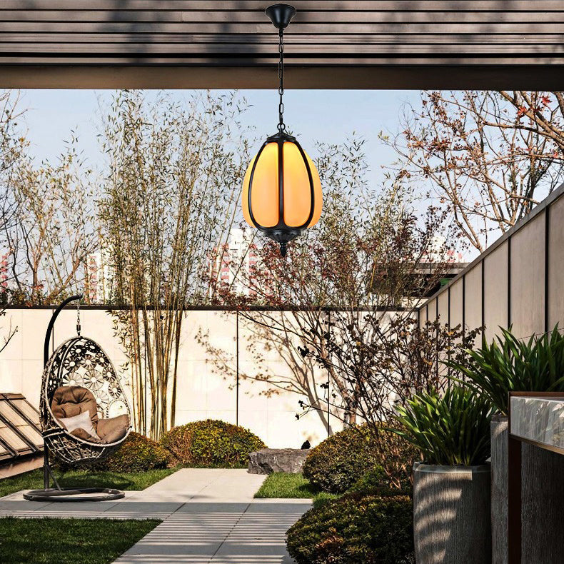 Traditionelle chinesische wasserdichte Aluminium-PC-Dolomit elliptische Kürbis 1-Licht Pendelleuchte für Außenpatio | Brehn
