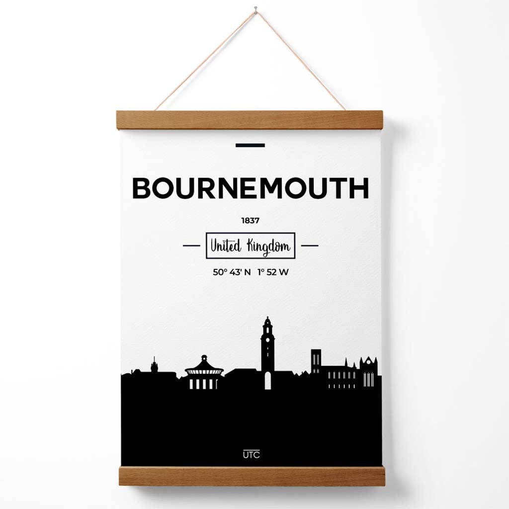 Bournemouth Schwarz-Weiß-Stadtbildposter mit Aufhänger