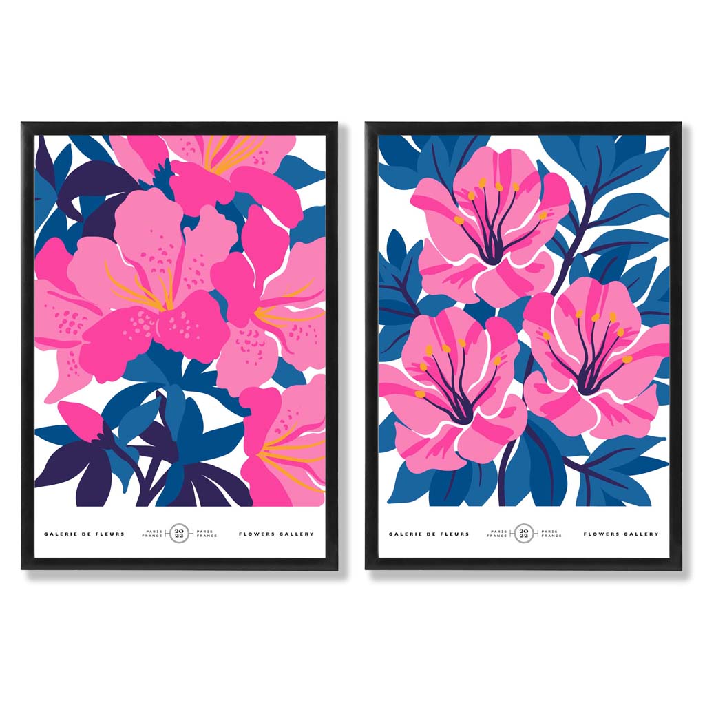 Hellblaue und rosa Frühlingsblumenmarkt-Motiv, gerahmtes Set aus 2 Kunstdrucken