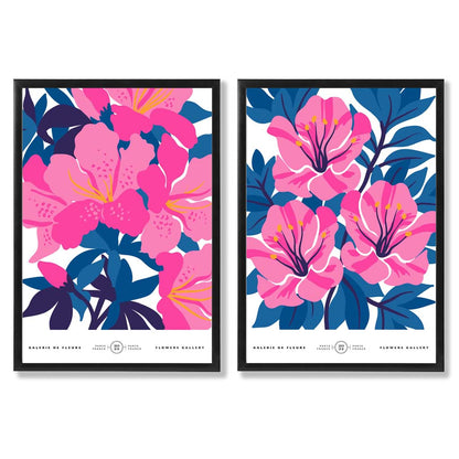 Hellblaue und rosa Frühlingsblumenmarkt-Motiv, gerahmtes Set aus 2 Kunstdrucken