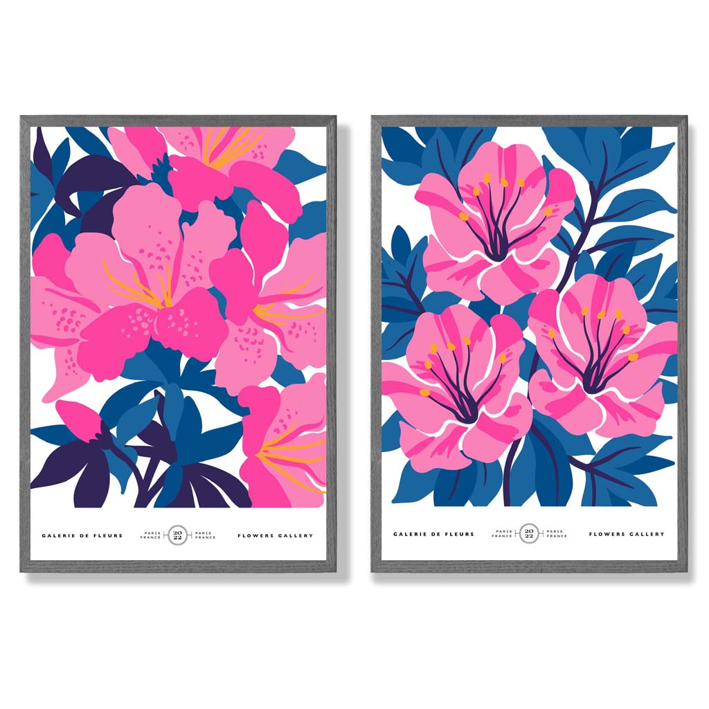 Hellblaue und rosa Frühlingsblumenmarkt-Motiv, gerahmtes Set aus 2 Kunstdrucken
