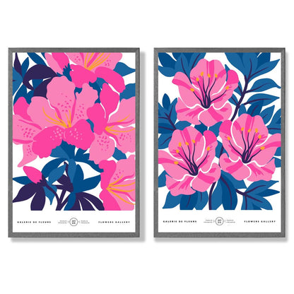 Hellblaue und rosa Frühlingsblumenmarkt-Motiv, gerahmtes Set aus 2 Kunstdrucken