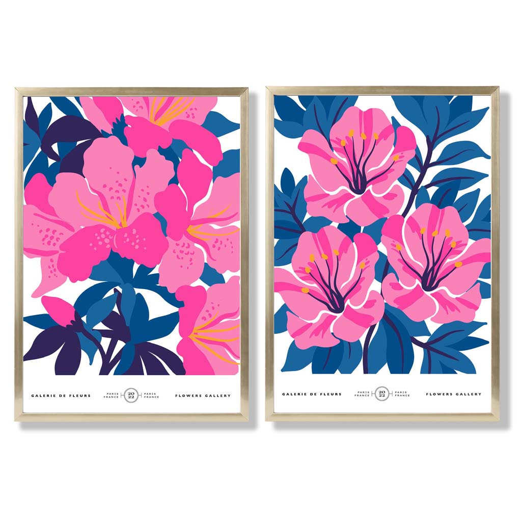 Hellblaue und rosa Frühlingsblumenmarkt-Motiv, gerahmtes Set aus 2 Kunstdrucken