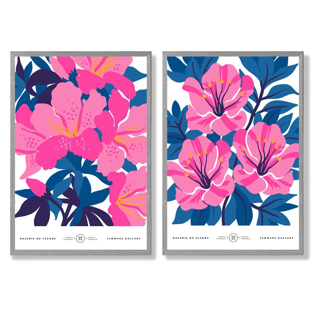 Hellblaue und rosa Frühlingsblumenmarkt-Motiv, gerahmtes Set aus 2 Kunstdrucken