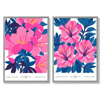 Hellblaue und rosa Frühlingsblumenmarkt-Motiv, gerahmtes Set aus 2 Kunstdrucken