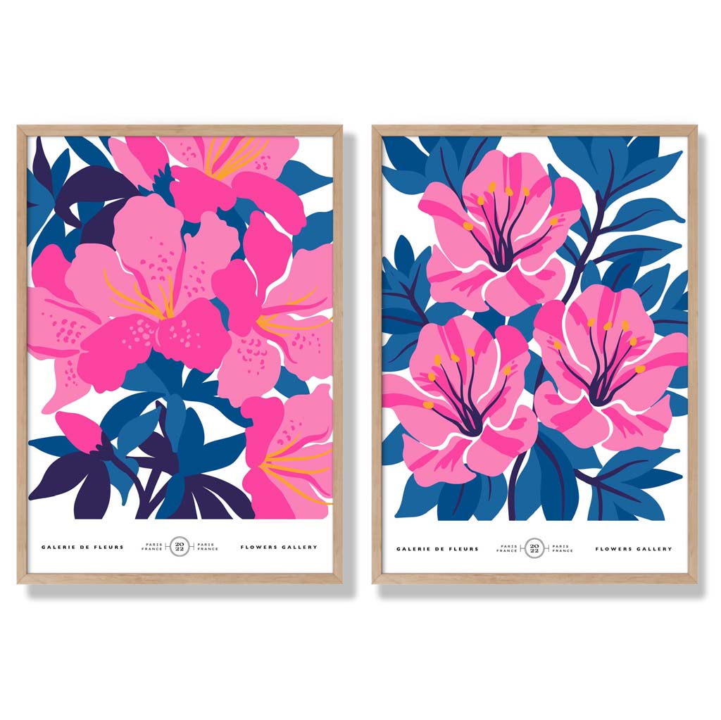 Hellblaue und rosa Frühlingsblumenmarkt-Motiv, gerahmtes Set aus 2 Kunstdrucken