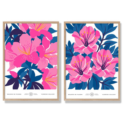 Hellblaue und rosa Frühlingsblumenmarkt-Motiv, gerahmtes Set aus 2 Kunstdrucken