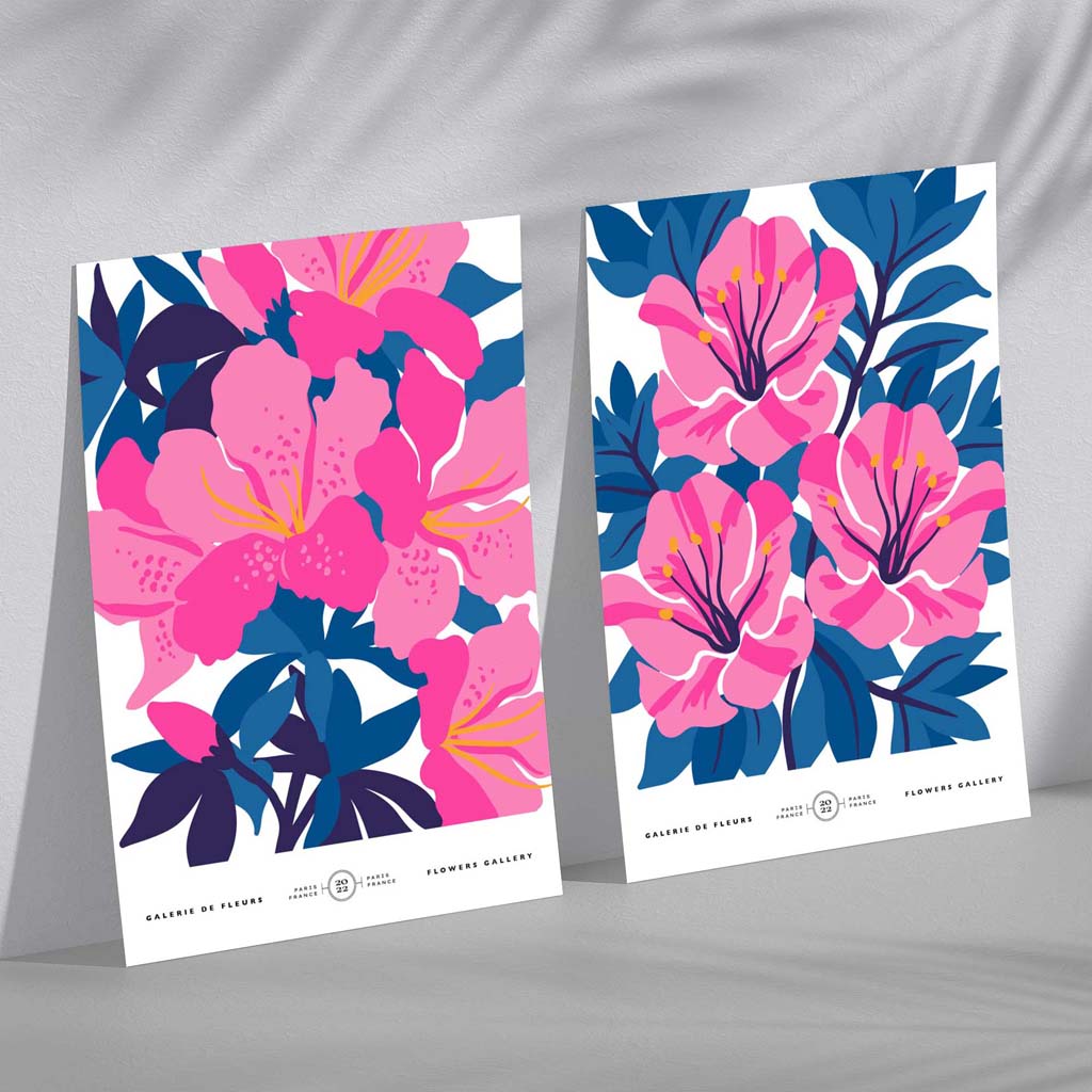 Hellblaue und rosa Frühlingsblumenmarkt-Motiv, gerahmtes Set aus 2 Kunstdrucken
