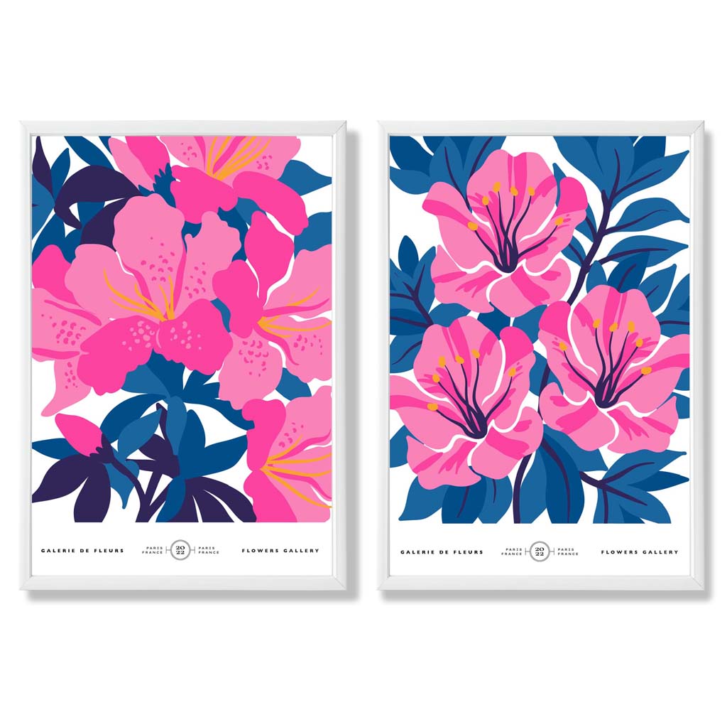 Hellblaue und rosa Frühlingsblumenmarkt-Motiv, gerahmtes Set aus 2 Kunstdrucken
