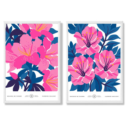 Hellblaue und rosa Frühlingsblumenmarkt-Motiv, gerahmtes Set aus 2 Kunstdrucken