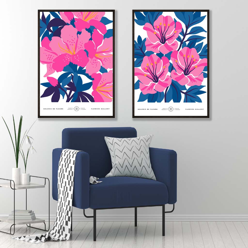 Hellblaue und rosa Frühlingsblumenmarkt-Motiv, gerahmtes Set aus 2 Kunstdrucken
