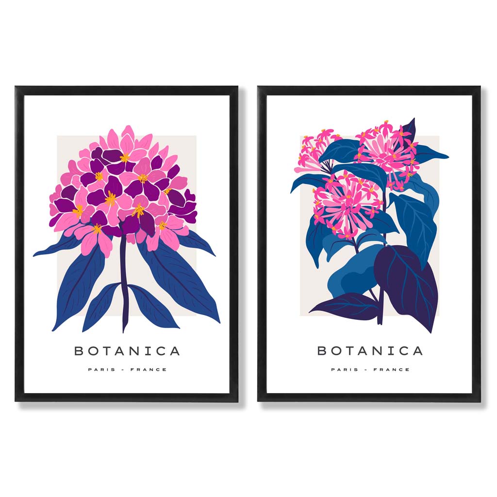 Set aus 2 gerahmten Kunstdrucken mit dem Motiv „Sommerblumenmarkt“ in leuchtendem Rosa und Blau