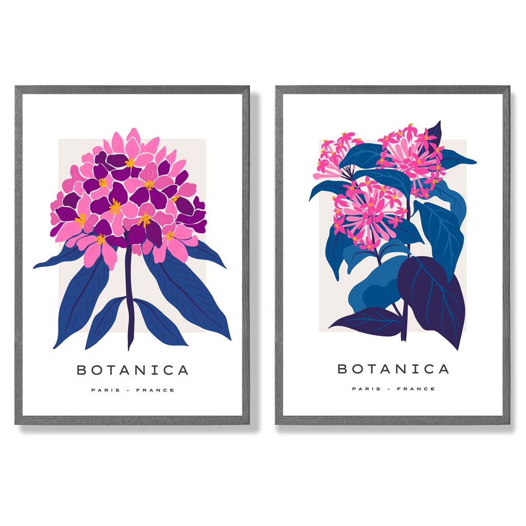 Set aus 2 gerahmten Kunstdrucken mit dem Motiv „Sommerblumenmarkt“ in leuchtendem Rosa und Blau