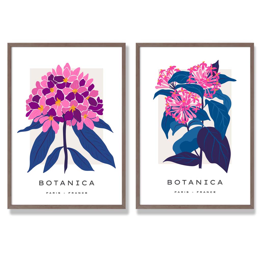 Set aus 2 gerahmten Kunstdrucken mit dem Motiv „Sommerblumenmarkt“ in leuchtendem Rosa und Blau