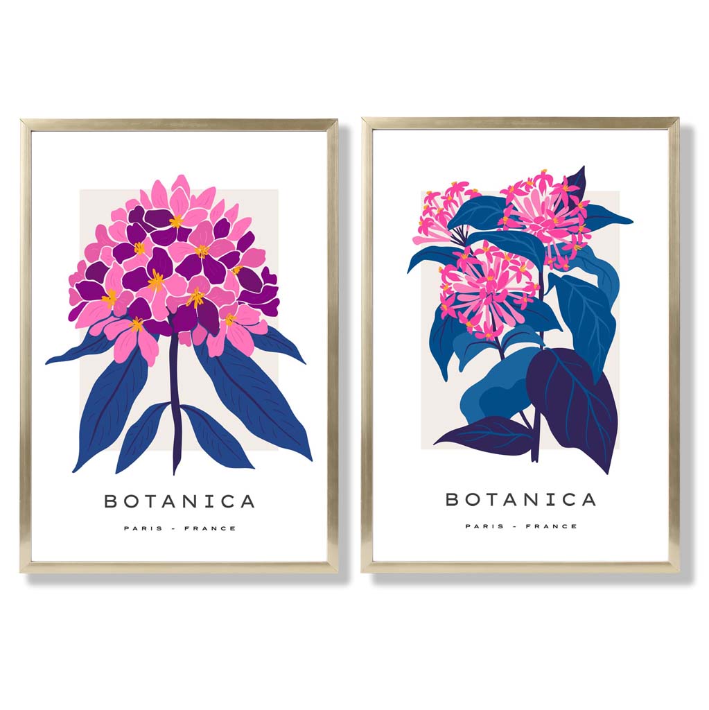 Set aus 2 gerahmten Kunstdrucken mit dem Motiv „Sommerblumenmarkt“ in leuchtendem Rosa und Blau