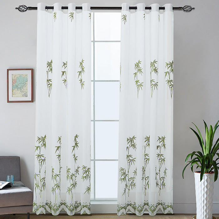 Gardine mit Ösen aus halbtransparentem Voile, besticktem Bambusmotiv und gesäumtem Zierrand Brehn