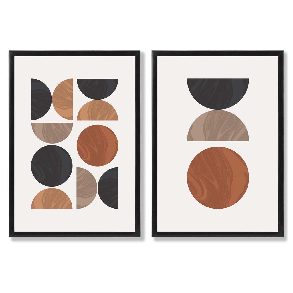 Schwarzes und oranges Set aus gerahmten Kunstdrucken im geometrischen Mid-Century-Stil aus der Mitte des Jahrhunderts (2er-Set