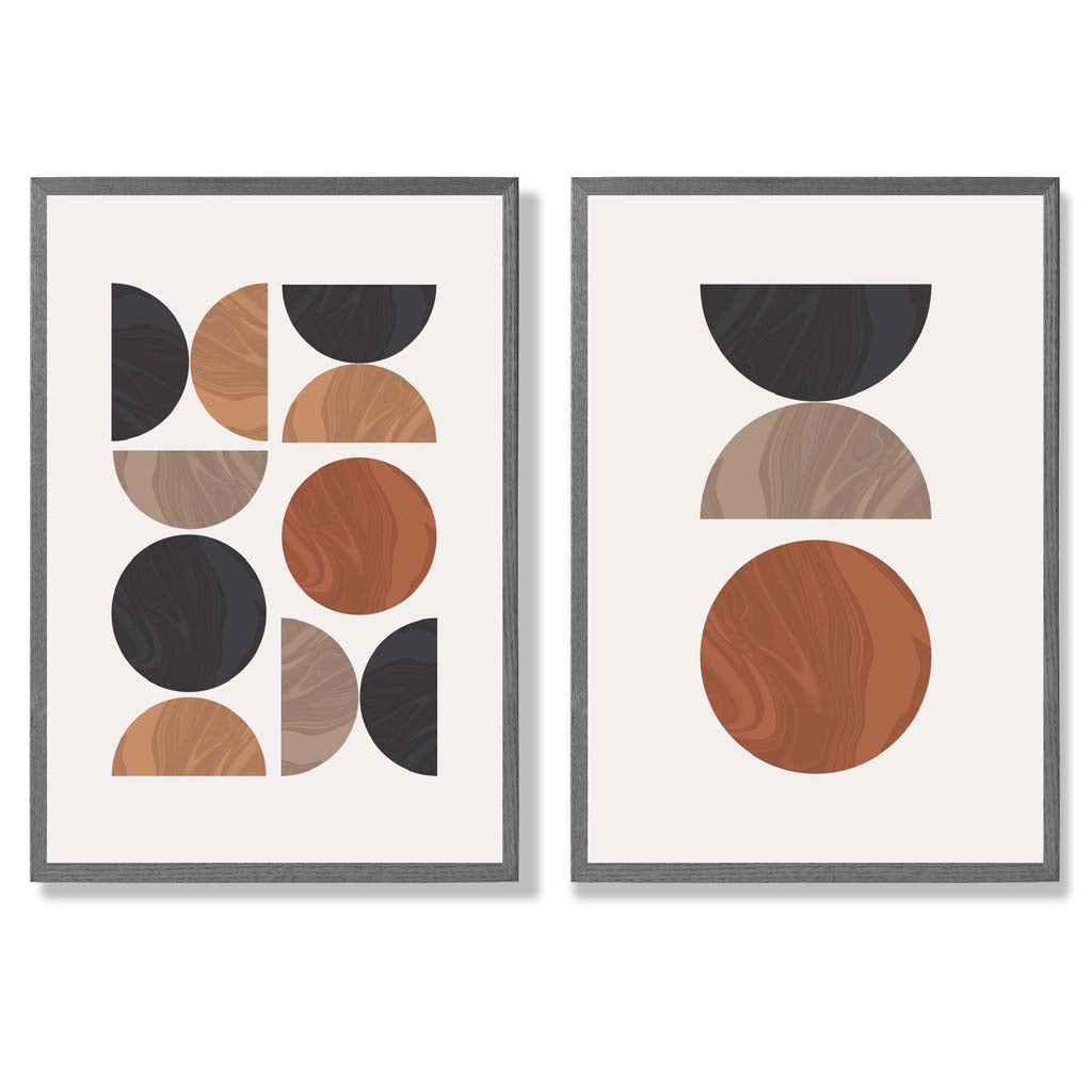 Schwarzes und oranges Set aus gerahmten Kunstdrucken im geometrischen Mid-Century-Stil aus der Mitte des Jahrhunderts (2er-Set