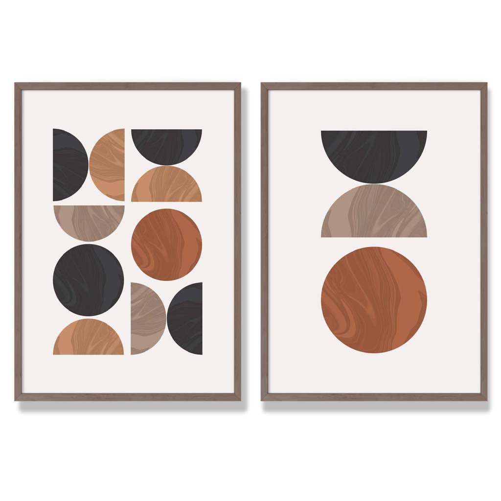 Schwarzes und oranges Set aus gerahmten Kunstdrucken im geometrischen Mid-Century-Stil aus der Mitte des Jahrhunderts (2er-Set
