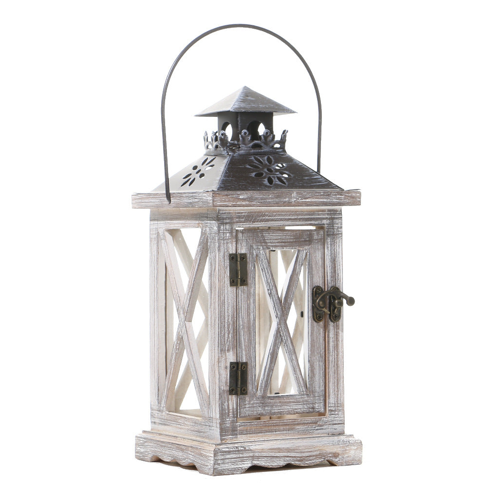 Rustikale Vintage-Holz-Glas-gemusterte dekorative Kerzenlaterne mit Metalloberseite und Traggriff Brehn