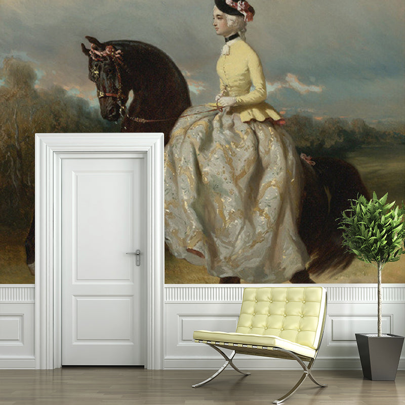 Brehn | Vrouw op Prancerend Paard Muur Witte en Bruine Retro Stijl Wandbekleding voor Thuisdecoratie