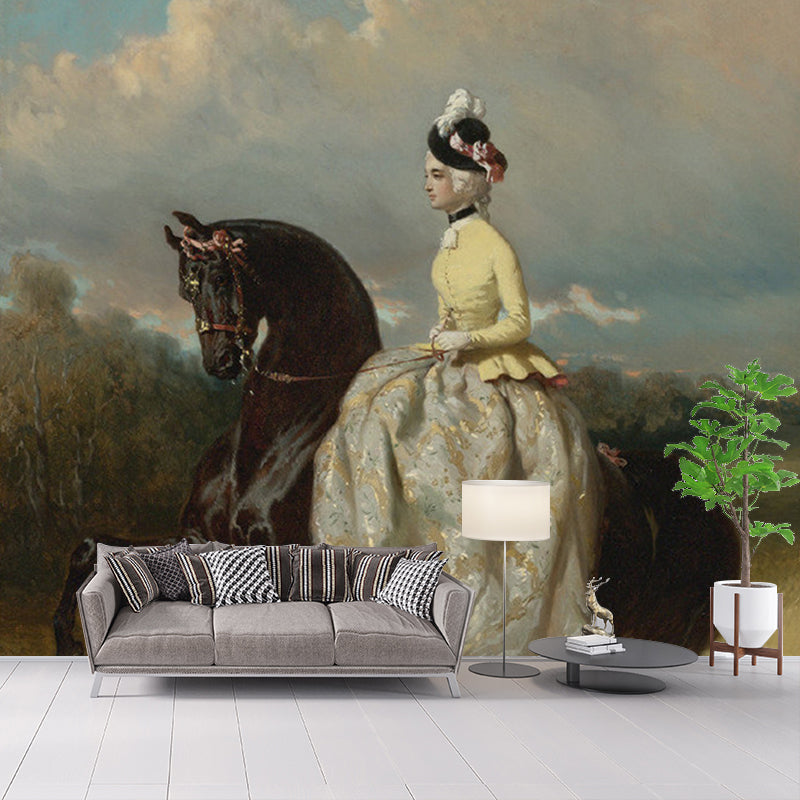 Brehn | Vrouw op Prancerend Paard Muur Witte en Bruine Retro Stijl Wandbekleding voor Thuisdecoratie