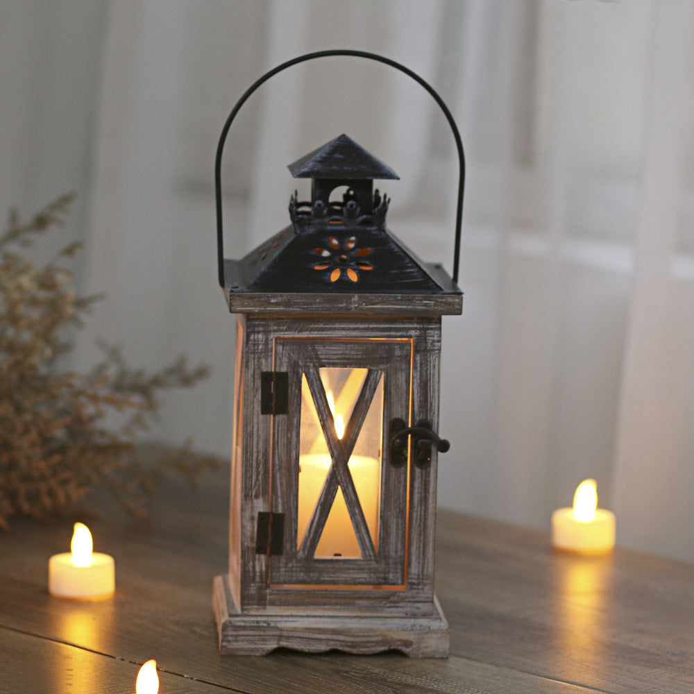 Rustikale Vintage-Holz-Glas-gemusterte dekorative Kerzenlaterne mit Metalloberseite und Traggriff Brehn