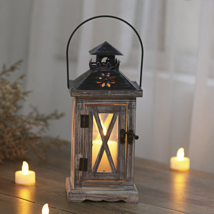 Rustikale Vintage-Holz-Glas-gemusterte dekorative Kerzenlaterne mit Metalloberseite und Traggriff Brehn