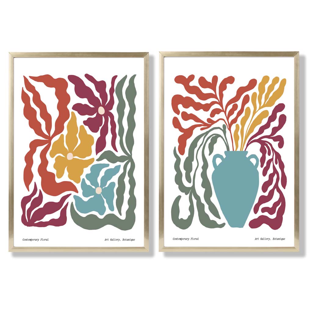Buntes Boho-Blumenrahmen-Set mit 2 Kunstdrucken