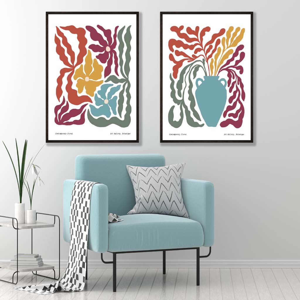 Buntes Boho-Blumenrahmen-Set mit 2 Kunstdrucken