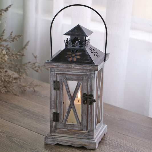 Rustikale Vintage-Holz-Glas-gemusterte dekorative Kerzenlaterne mit Metalloberseite und Traggriff Brehn