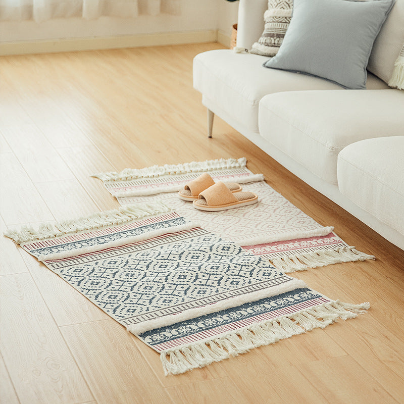 Handgewebter Baumwollläufer im Scandi‑Boho‑Stil mit Fransen und geometrischem Diamant‑Jacquard Brehn