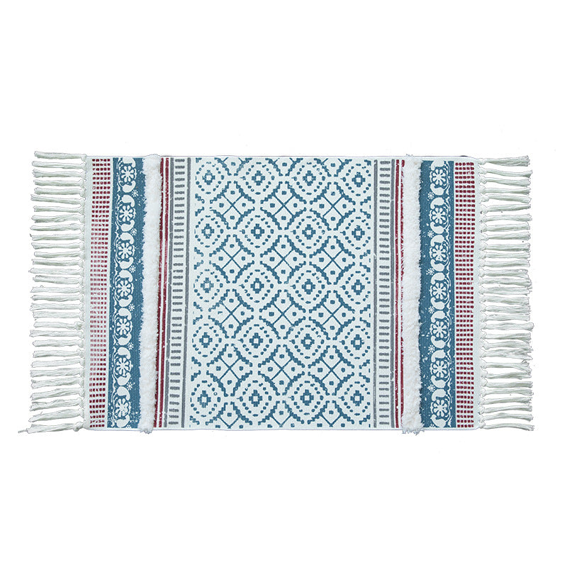 Handgewebter Baumwollläufer im Scandi‑Boho‑Stil mit Fransen und geometrischem Diamant‑Jacquard Brehn