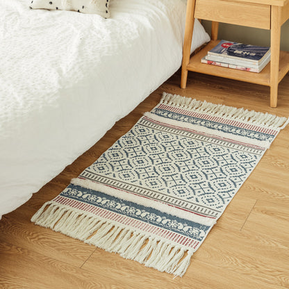 Handgewebter Baumwollläufer im Scandi‑Boho‑Stil mit Fransen und geometrischem Diamant‑Jacquard Brehn