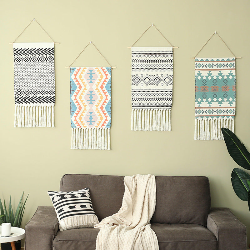 Wandteppich-Set im Boho-Ethno-Stil mit Fransen und Holzstab Brehn