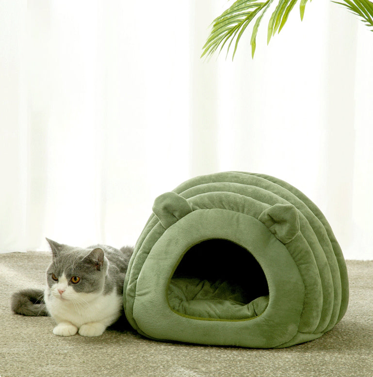 Brehn | 2-in-1 faltbare & waschbare samtige selbstwärmende Höhle/Nest mit Schlafbett für Katzen und kleine Hunde, geeignet für drinnen oder draußen (Grün)