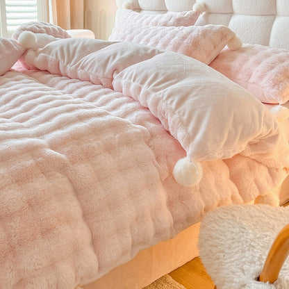 Flauschiges Milchfaser-Fleece Bettwäsche-Set mit Pompons