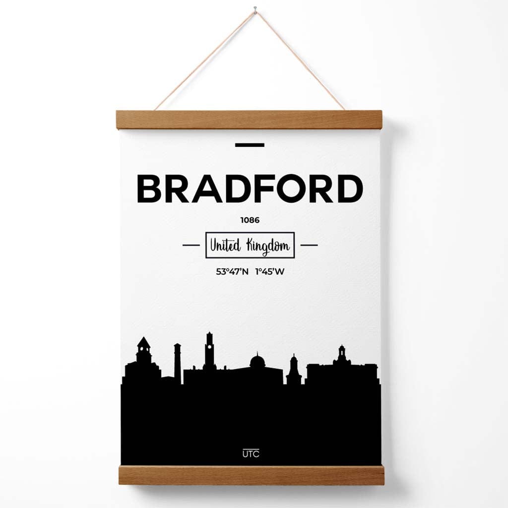 Bradford-Stadtansicht-Poster (Schwarz-Weiß) mit Aufhänger