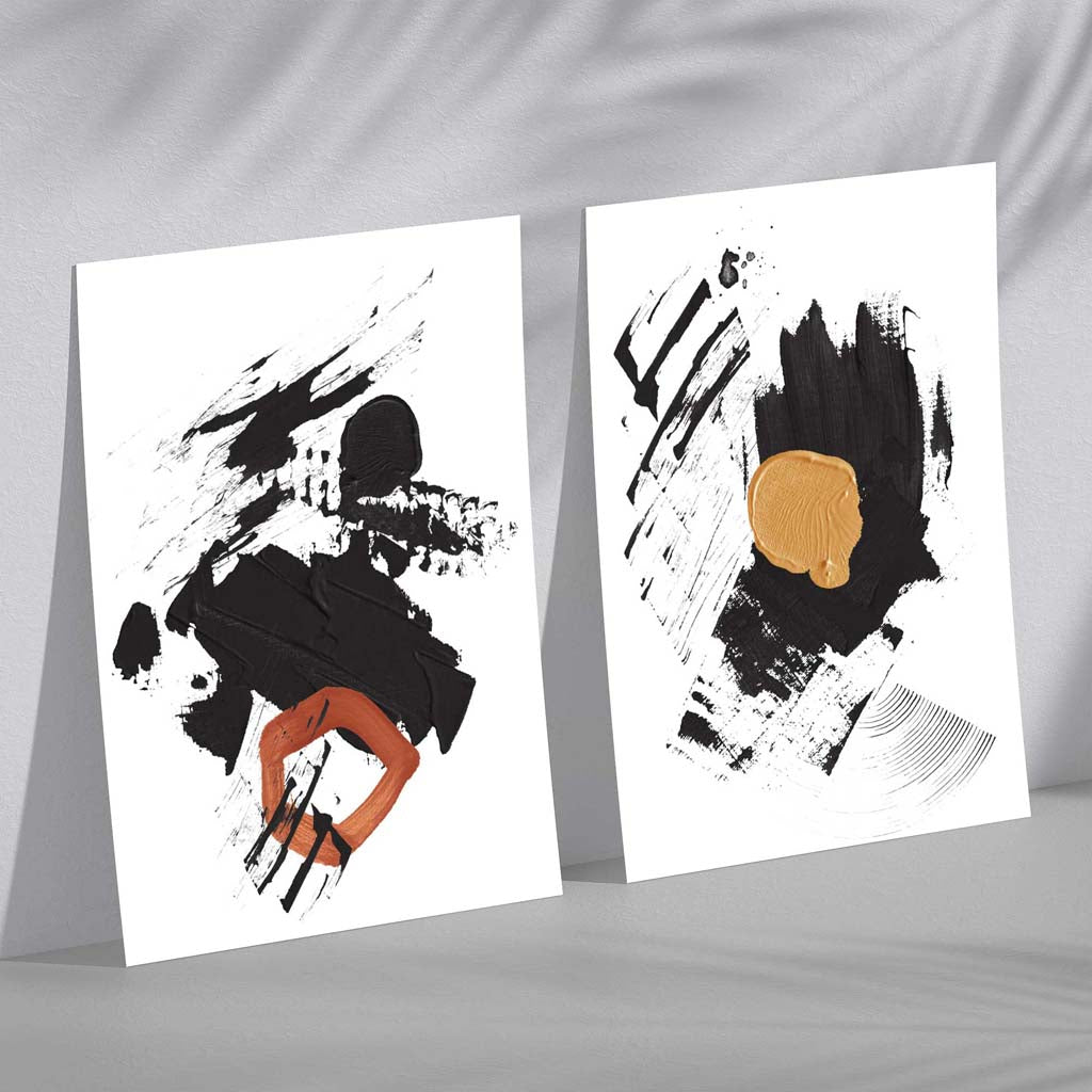 Schwarze und gelbe abstrakte Streifen, 2er-Set Kunstdrucke