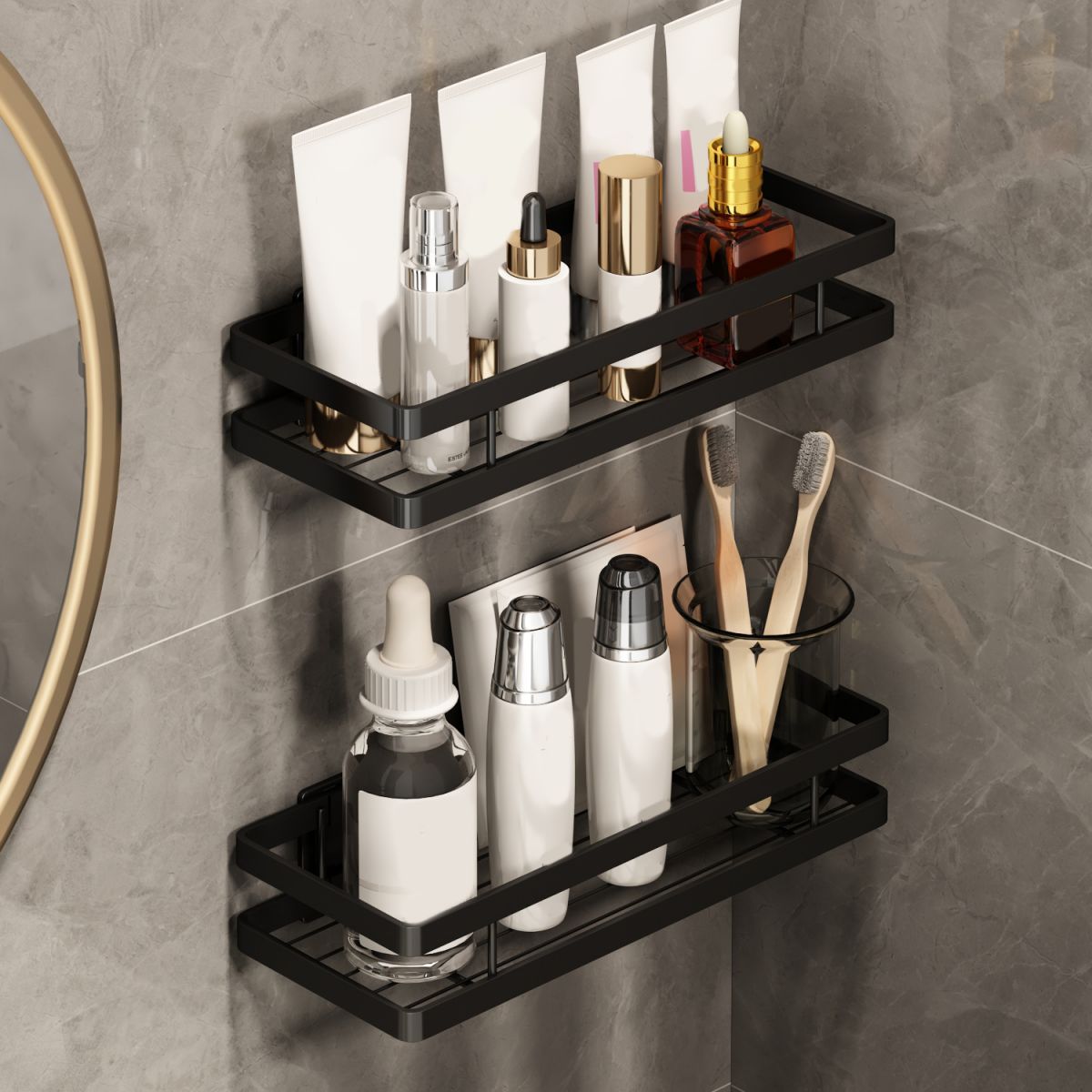 2-teiliges Badezimmerregal aus mattem schwarzen Metall Badezimmerzubehör Set