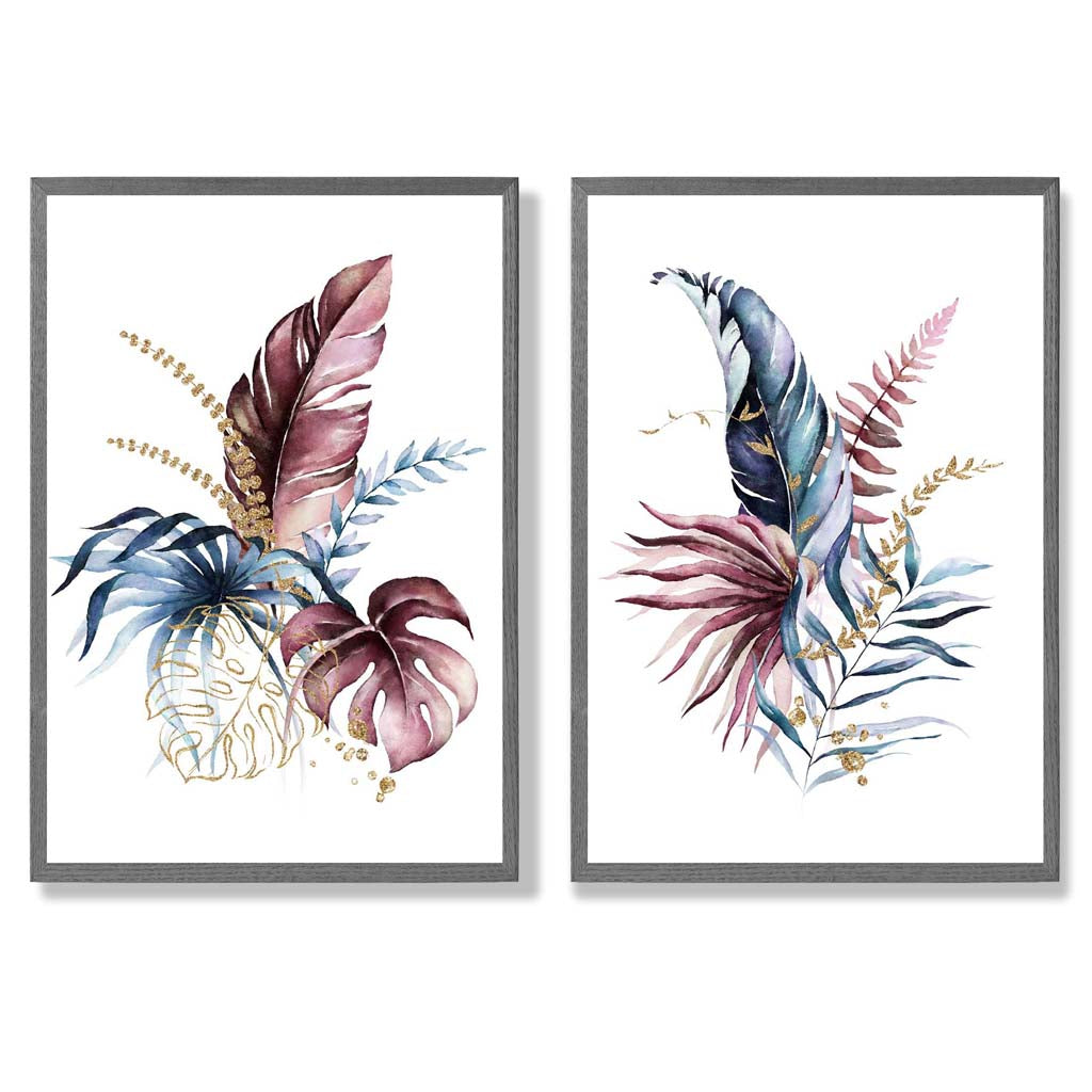 Abstraktes Set aus 2 gerahmten Kunstdrucken mit botanischen Blättern in Rosa und Blau