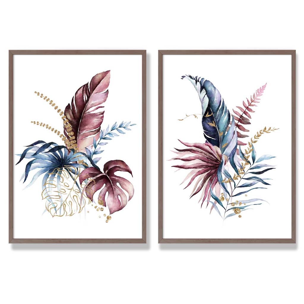 Abstraktes Set aus 2 gerahmten Kunstdrucken mit botanischen Blättern in Rosa und Blau