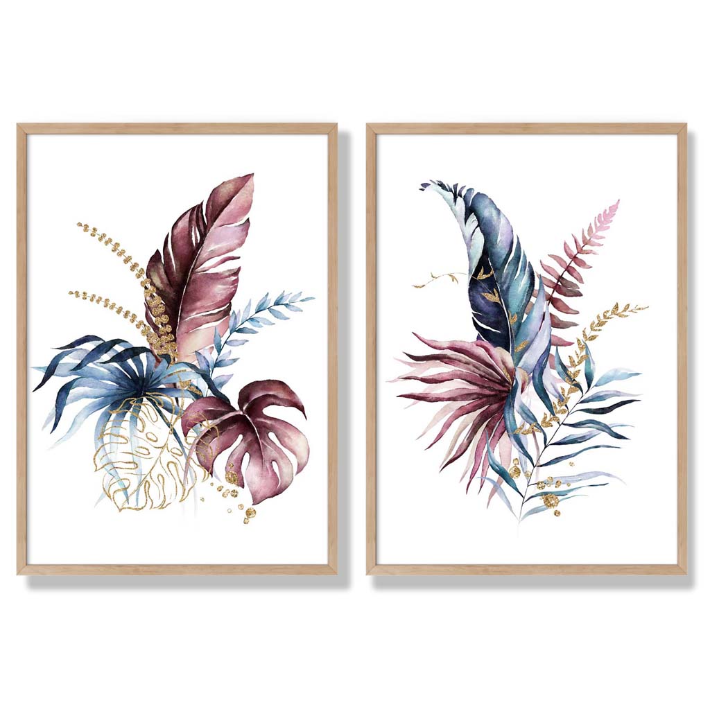 Abstraktes Set aus 2 gerahmten Kunstdrucken mit botanischen Blättern in Rosa und Blau