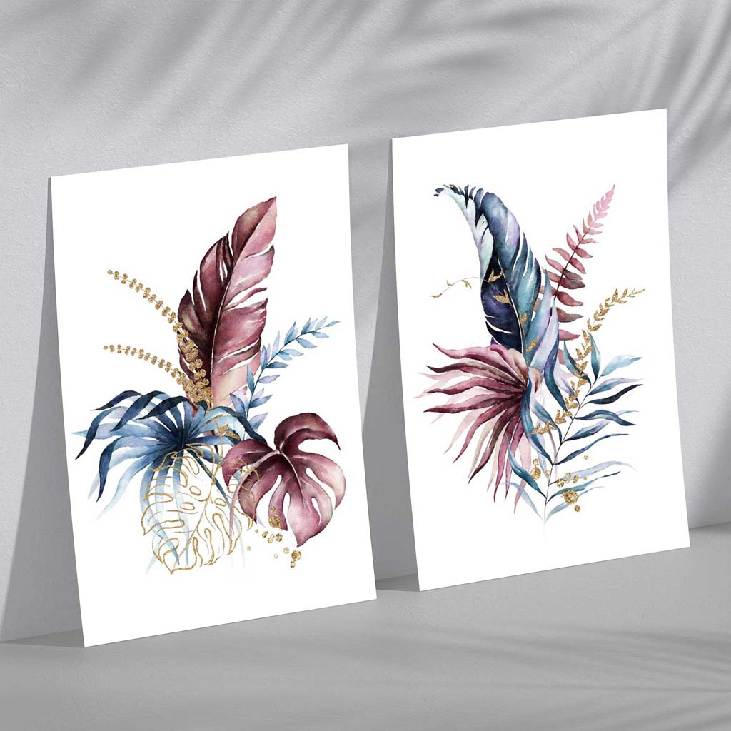 Abstraktes Set aus 2 gerahmten Kunstdrucken mit botanischen Blättern in Rosa und Blau