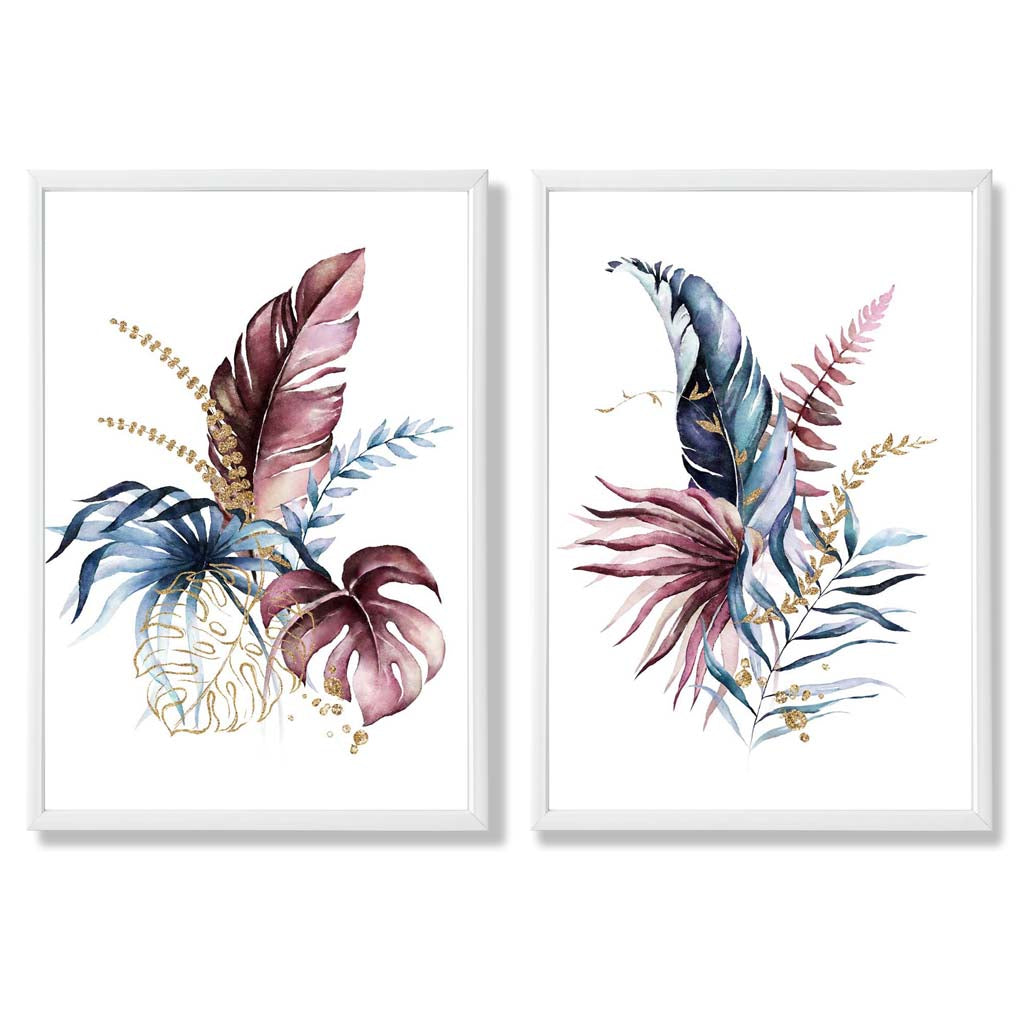 Abstraktes Set aus 2 gerahmten Kunstdrucken mit botanischen Blättern in Rosa und Blau